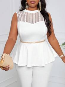 SHEIN Lady 大尺碼白色蕾絲拼接無袖束腰荷葉邊優雅女式外出上衣 - 白色 - 查看 4