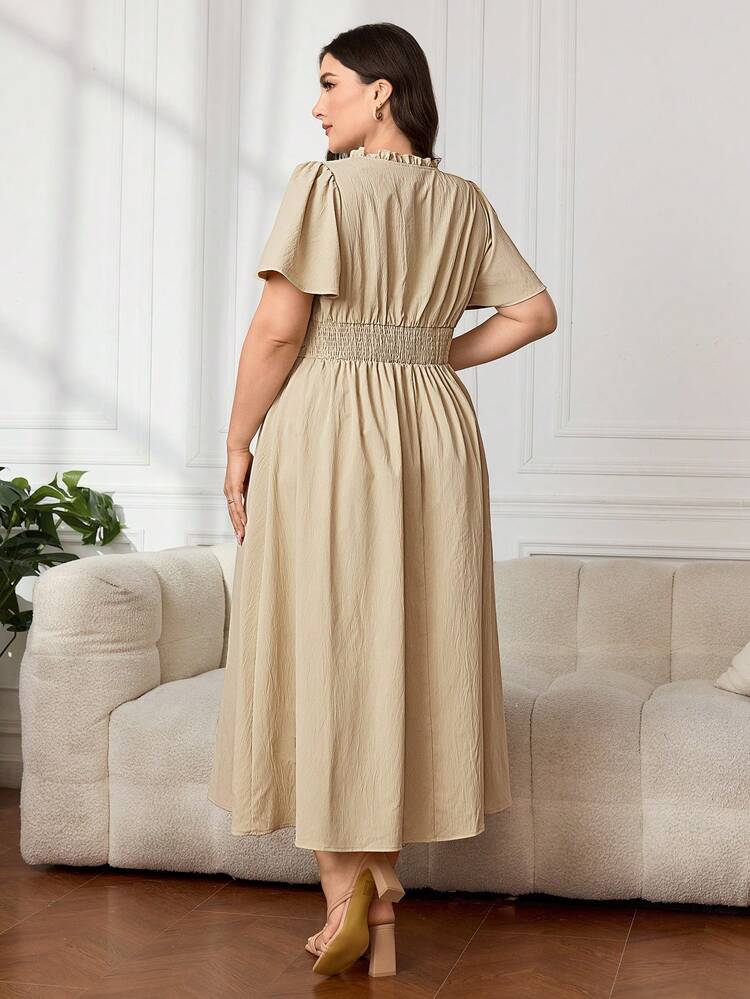 Mulvari Plus Guipure Lace Insert Butterfly Sleeve Dress - Apricot - View 2