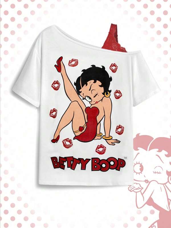 Betty Boop | ROMWE 卡通人物及嘴唇印花蕾丝拼接不对称肩T恤，夏季
