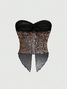 EgrlEra Leopard Print Bandeau Top With Slit, Belly-Baring Y2K Outfit  - Multicolor - View 2