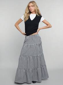 Easelle Plaid Print High Waist Ruffle Hem Skirt