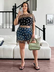SHEIN Essnce Chemise smock d'été décontractée pour femmes grandes tailles, Top en maille Top noir de concert, T-shirt de rendez-vous - Noir - Voir 7
