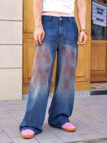 Manfinity EMRG Y2K Men's Vintage Dark Blue Washed Denim Casual Ultra Wide-Leg Flared Baggy Jeans