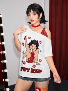 Betty Boop | ROMWE Cartoon Character And Lips Print Lace Splicing Asymmetrical Shoulder T-Shirt, Summer