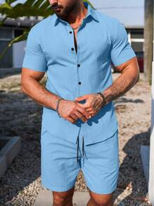 Manfinity Homme 男士純色簡約日常短袖T恤和短褲套裝 - 淺藍色 - 查看 5