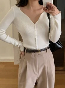 DAZY 女式 V 领长袖纽扣前开襟修身休闲毛衣，秋季服装 - 白色 - 查看 7