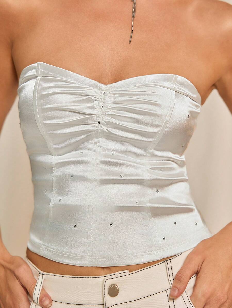 SHEINNeu 女士白色纯色褶皱抹胸缎面印花衬衫，夏季女士正式上衣，优雅晚宴上衣 - 銀色 - 查看 1