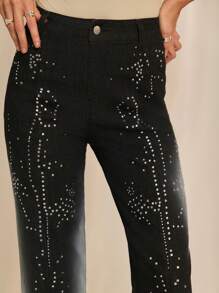 SHEINNeu 女士直腳牛仔褲，鑲嵌水晶花朵，低腰牛仔褲 - 黑色 - 查看 4