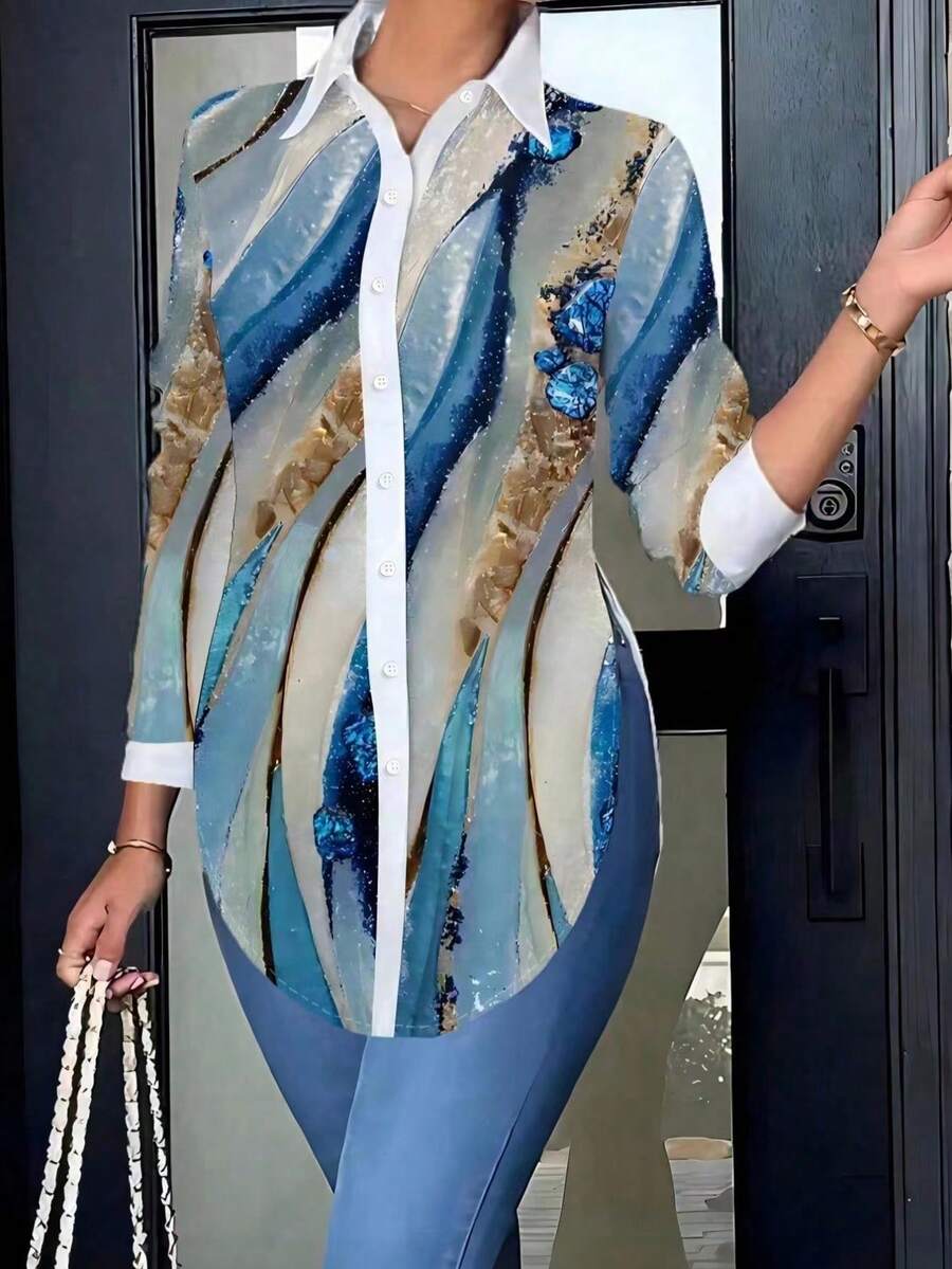 Camisa casual y suelta de manga larga, cuello vuelto y estampado de moda para mujer, tops de manga larga