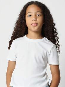 SUMWON Camiseta de manga corta acanalada ajustada para niñas preadolescentes - Blanco - Ver 3