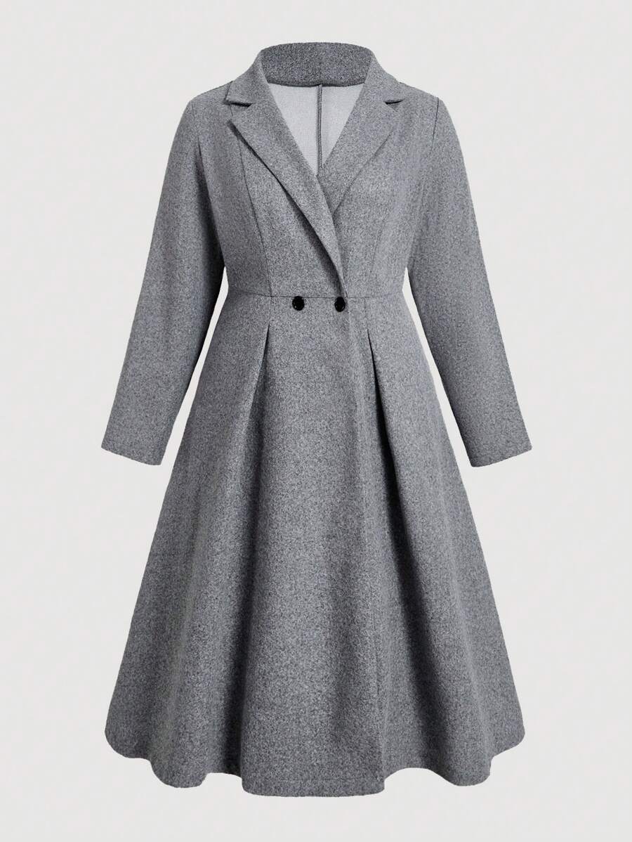 Flirla Plus Lapel Neck Fold Pleated Overcoat - Grey - View 1