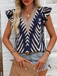 INAWLY Women's Contrast Color Lace Patchwork Shirt With Ruffle V-Neckline - Blue - View 5