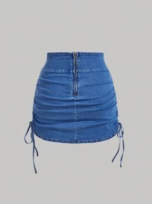 SHEIN MOD Váy mini denim trơn và đơn giản dành cho nữ để mặc hàng ngày - Rửa trung bình - Xem 2