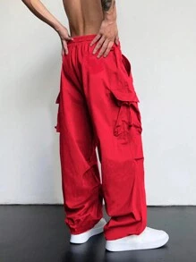 ROMWE MEN Casual Men Flap Pocket Side Drawstring Waist Cargo Pants, School, Fall