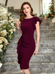 MIUSOL Einfarbiges Cocktailkleid mit asymmetrischen Rüschenärmeln, elegantes halbbadiges Sommerkleid für Frauen - Bordeaux - Übersicht 7