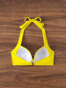 SHEIN Swim Summer Beach Solid Color Halter Neck Backless Yellow Bikini Top - Yellow - View 2