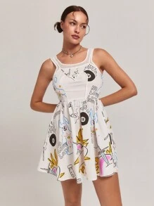 SHEINNeu Women's Random Printed Simple Daily Wear Spaghetti Strapa Line Casual Bubble Dress Back To School Outfits - White - View 6