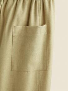 THE HAPPY LOOK Teen Boys Spring/Summer Khaki Linen Striped Casual Drawstring Waist Daily Outdoor Pants - Khaki - View 3