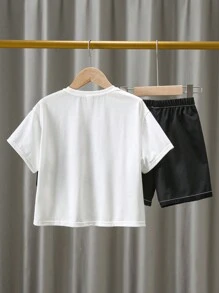 2pcs Young Boys' Fashionable Casual Sports Wear Set, Including Oversized Drop Shoulder Short-Sleeved White T-Shirt With English Print And White Stitched Black Shorts, Suitable For Travel And School In Spring, Autumn, And Winter - Black and White - View 2