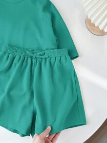SHEIN LMoss Kids 青少女純色針織短袖上衣及寬鬆短褲休閒2件套裝 - 綠色 - 查看 9