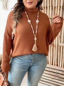 Plus Solid High Neck Drop Shoulder Sweater