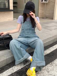 DAZY Solid Wide Leg Denim Overall Pants For Dailywear