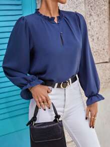 EURMUSE Women's Stand Collar Puff Sleeve Shirt - Navy Blue - View 5