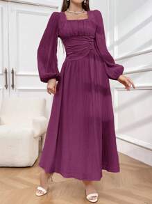 Modelyn 女士褶裥方领主教袖宽松舒适柔和优雅朴素阿拉伯连衣裙，长袖 - 中紫紅色 - 查看 6