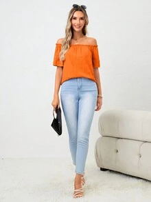 SHEIN LUNE Blusa naranja sencilla de un solo hombro para uso diario para damas - Naranja - Ver 7