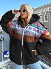 EURMUSE Women's Paisley Printed Colorful Hooded Jacket Y2k