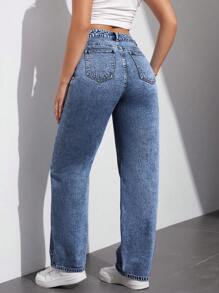 SHEIN EZwear 高腰休闲直筒妈妈牛仔裤，适合日常穿着 - 深色水洗藍 - 查看 2