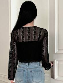 Dazy Designer 女款露肩長袖透視上衣，前綁帶和短版設計 - 黑色 - 查看 5