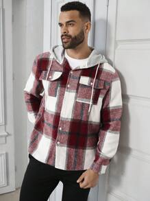 Manfinity Homme Men Plus Plaid Print Drawstring Hooded Shacket Colorful Casual Going Out Shacket - Burgundy - View 6