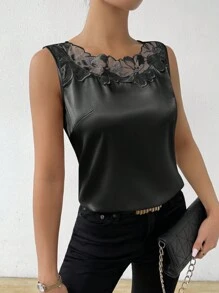 EMERY ROSE 女士无袖钱布雷拼布蕾丝衬衫、无袖上衣 - 黑色 - 查看 5