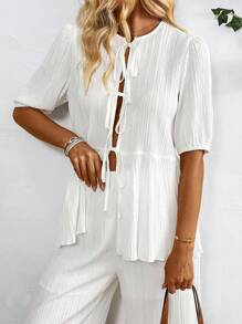 SHEIN LUNE 2024 Spring And Summer White Plain Textured Fabric Bow-Tied Loose Puff Sleeve Shirt + Casual Elastic Waist Wide-Leg Pants Set - White - View 7