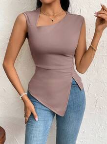 Firerie Mùa hè dành cho nữ Đơn giản & Thanh lịch Cuộc sống hàng ngày Áo thun bó ngắn tay màu trơn có cổ tay cuộn & eo thắt eo, thích hợp để hẹn hò và đi chơi trong kỳ nghỉ cùng chị em - Hồng - Xem 3