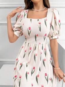 Modelyn Floral Print Square Neck Puff Sleeve Ruffle Hem Dress, Perfect For Beach/Casual/Vacation/Evening Or Any Other Formal Occasions