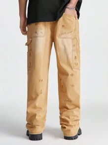 Manfinity Hypemode Men's Loose Straight Cut Khaki Baggy Jeans With Street Paint Pattern - Khaki - View 7