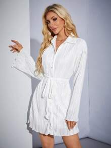 SHEIN Tall Đầm dài tay màu trơn có thắt lưng dành cho nữ, mùa hè - trắng - Xem 3