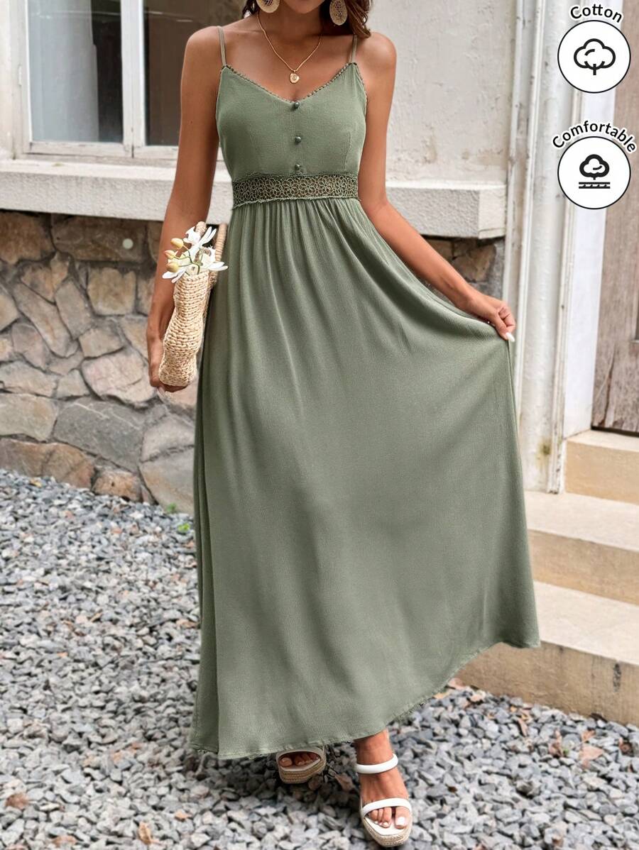 SHEIN Frenchy Vestito a canottiera con arricciatura in pizzo e arricchito da bottoni, con vestibilità a linea A, ideale per le vacanze - Verde Oliva - Visualizzare 1