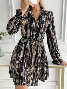 Allover Print Long Sleeve Pleated Shirt Collar Dress, Casual & Holiday Style