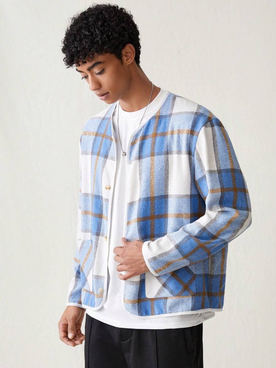 Manfinity VCAY Veste à col cranté à manches longues à carreaux tissés pour hommes, mode et décontractée pour le port quotidien, pour l'automne et l'hiver - Multicolore - Voir 1