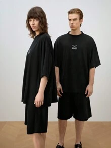 Mainfolk Men's 2pcs Letter Knitted Loose Drop-Shoulder Short Sleeve Casual T-Shirt Set, Suitable For Summer - Black - View 5