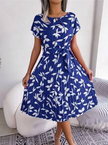Summer Boho Floral Blue Dress Batwing Sleeve Round Neck Tie Waist Pleated Ruffle Midi Short Sleeve Vacation Essential Womens Beach Sundress - 藍色 - 查看 1