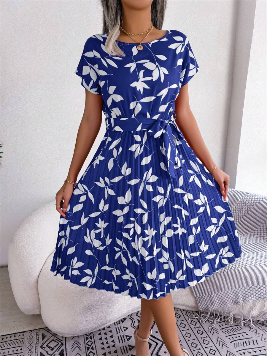 Summer Boho Floral Blue Dress Batwing Sleeve Round Neck Tie Waist Pleated Ruffle Midi Short Sleeve Vacation Essential Womens Beach Sundress - 藍色 - 查看 1
