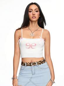 ROMWE Kawaii Top tejido sin mangas con lazo frontal para uso diario - Beis - Ver 2