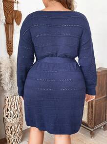 Plus Drop Shoulder Belted Blue Sweater Dress For Dailywear - Royal Blue - View 2