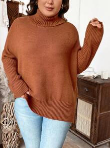 Plus Solid High Neck Drop Shoulder Sweater