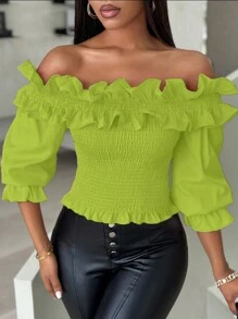Chiquease Women's Solid Color Off Shoulder Ruffle Decor Crop Top - Green - View 6