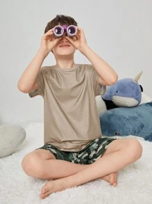 SHEIN Tween Boy's Loose-Fit Casual Knit Flame-Retardant Home Wear, 2pcs/Set, Summer - Khaki - View 6